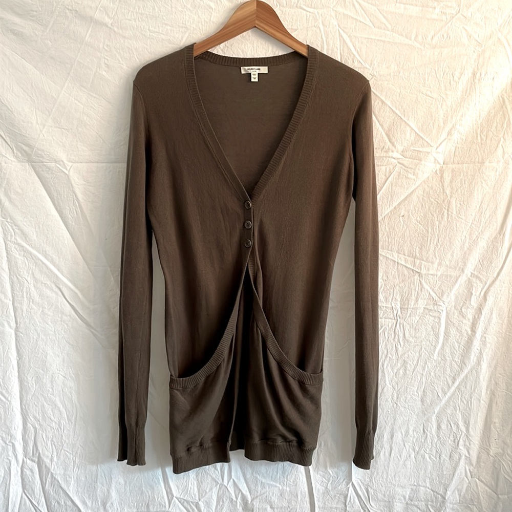 Helmet Lang Brown Cotton/Cashmere Light Weight Cardigan w/Drop Pockets Medium